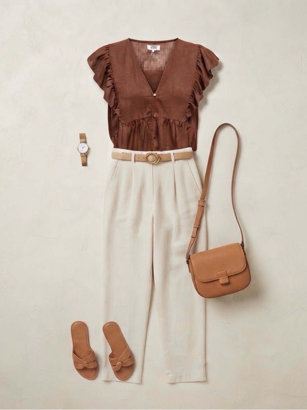 Rust Brown Ruffle Sleeve Button-Front Women’s Top - Picture 5 of 5